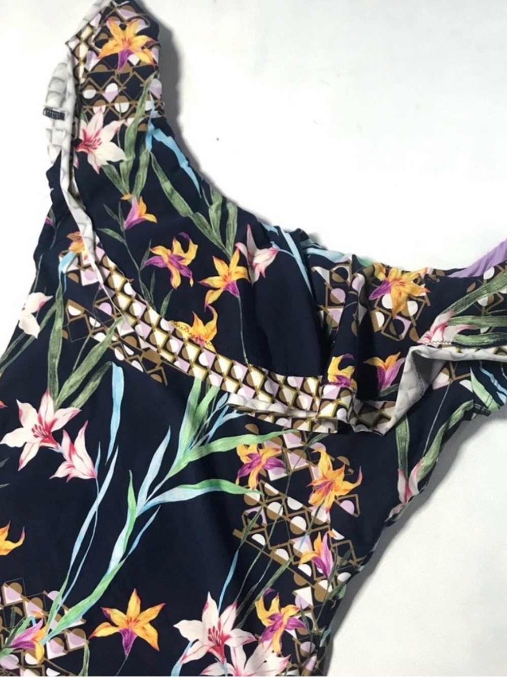 Trina Turk Fiji Floral Ruffle Off The Shoulder One Piece Swimsuit 12 Blue Multi - Picture 2 of 8